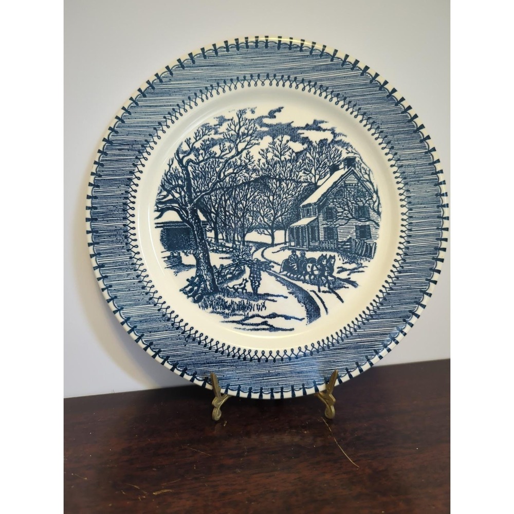 Knowles Country Life Currier & Ives Blue Transferware Dinner Plate 10in Vintage